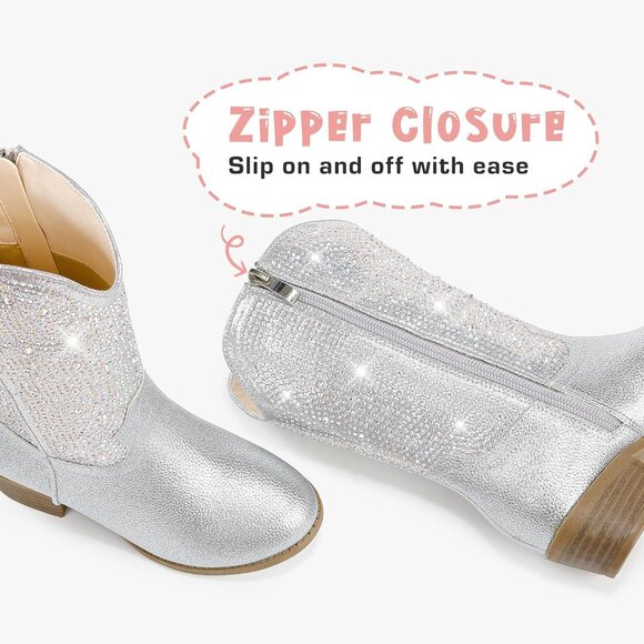 Rhinestone Kids Girls Silver  Cowgirl Boots Sparkly Dress Boot Pointed Toes - Picture 5 of 8